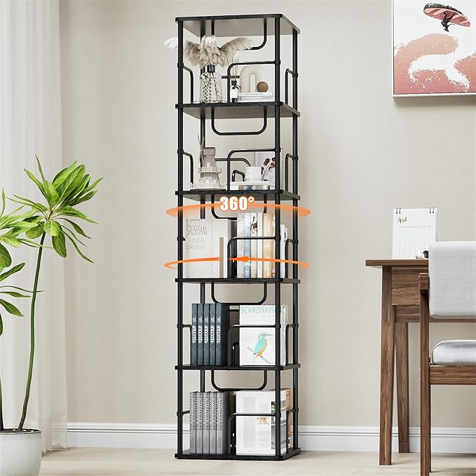 5 Tier Square Rotating Bookshelf, 360 ° Display Stackable Spinning Bookshelf Tower, Space Saving Tall Floor Standing Swivel Bookcase Corner Storage Organizer for Bedroom, Living Room, Black