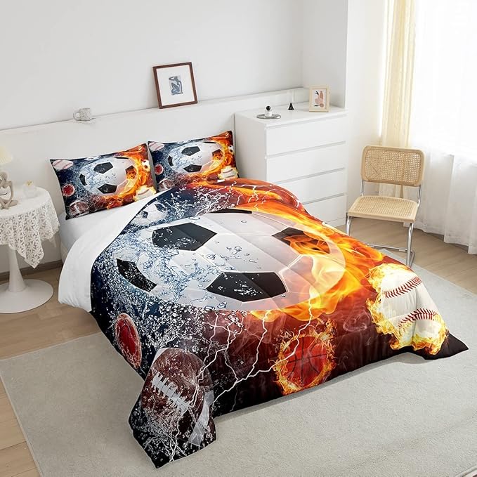 Erosebridal Boys Soccer Bedding Set Football Sports Twin Comforter Set for Kids Teens Youth Bedroom Decor Lightning Baseball Quilt Duvet Water Fire Basketball Comforter with 1 Pillow Case Red Blue