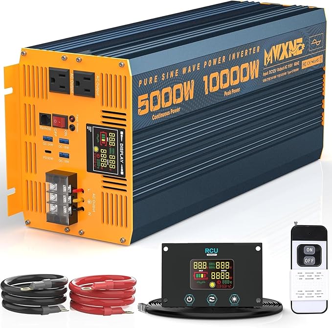 5000 Watt Power Inverter Pure Sine Wave 12V DC to 110V 120V 10000W Peak Heavy Duty Inverter with Remote Control and LED Display, 4 USB/Type-C Ports & 2 AC Outlets Car Charger for Vehicles RV