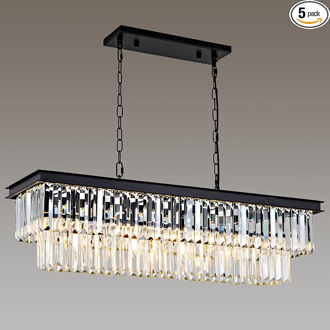 Black Crystal Chandelier for Dining Room Light Fixture Rectangle Modern Farmhouse Chandelier Contemporary Pendant for Kitchen Island Living Room Long Chandelier Rectangular Lighting