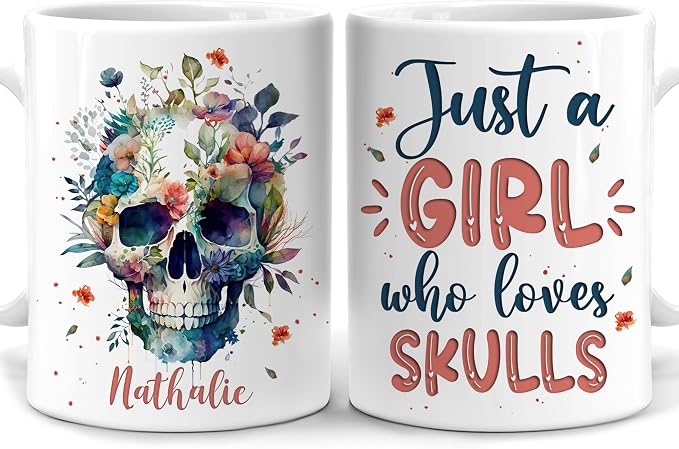 Hyturtle Personalized Gifts Skull Lover - Just A Girl Who Loves Skulls Custom Name Ceramic Coffee Mug Cup 11oz - Idea Skull Lovers Gifts For Women, Girl Daughter On Birthday, Christmas