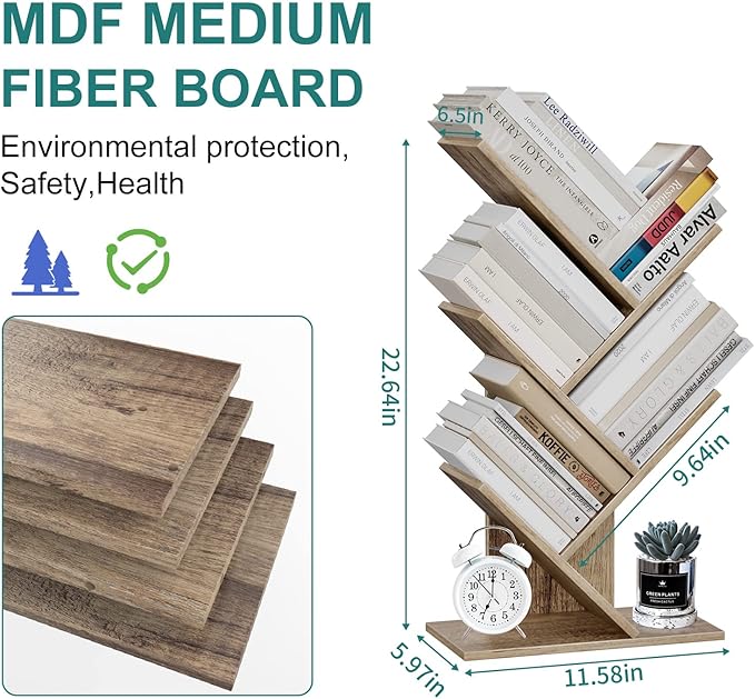Tree Bookshelf, 5 -Tier Book Storage Organizer Shelves Floor Standing Bookcase, Wood Storage Rack for Office Home School Shelf Display for Cd/Magazine (French Oak Grey)