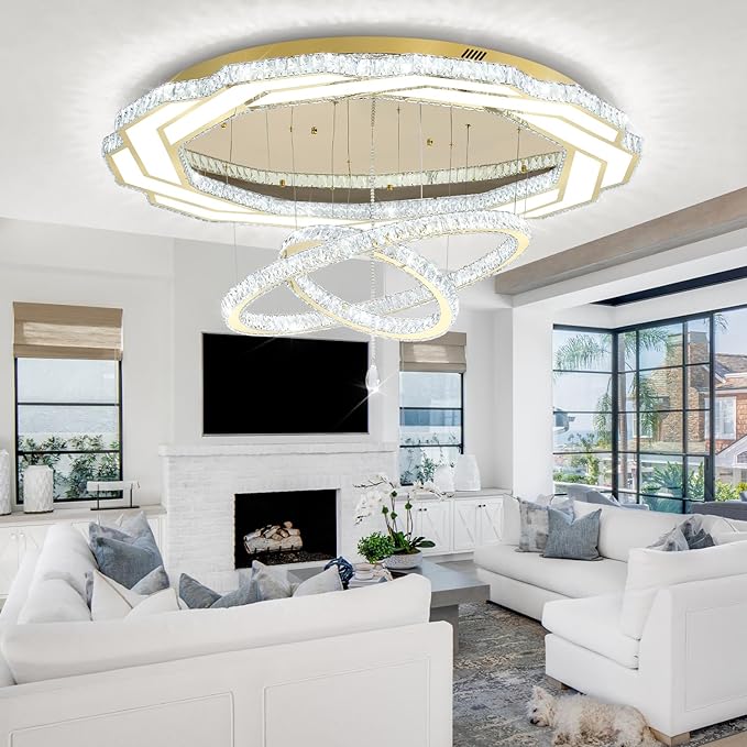 Flashing God Extra Large Chandelier Dia 55" Gold Chandeliers Flush Mount Chandelier for Living Room Bedroom Dining Room Hallway Dimmable 3 Rings Chandeliers