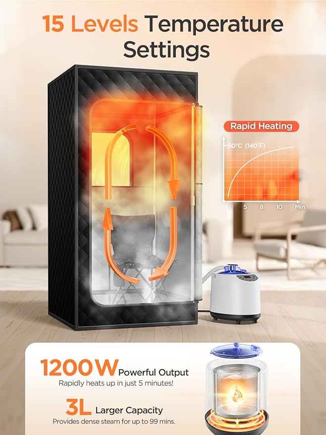 Sauna Box, Portable Sauna for Home, Personal Portable Steam Sauna Tent with 1200W 3L Steamer Heater, 15 Levels, Remote Control, Foldable Chair, Cozy Big Size 36 * 36 * 71 inches