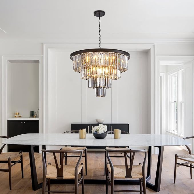24'' Smoke Gray Crystal Chandelier Black Modern Luxury Light Fixture for Dining Room 4-Tier Round Hanging Pendant Ceiling Lighting for Entryway Foyer Living Room Bed Room Adjustable Height