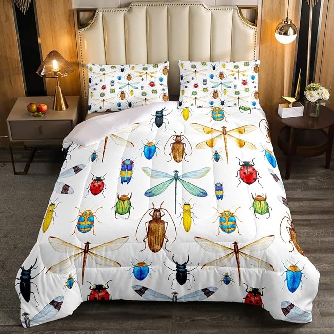Erosebridal Kids Dragonfly Down Comforter Dragonfly Gifts for Women, Ladybug Insect Comforter Set Full Size for Children Boys Girls Teens, Reptile Pattern Bedding Comforters Colorful Duvet Insert