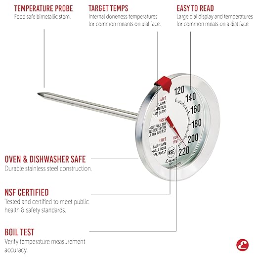 Escali AH1 Stainless Steel Oven Safe Meat Thermometer, Extra Large 2.5-inches Dial, Temperature Labeled for Beef, Poultry, Pork, and Veal Silver NSF Certified