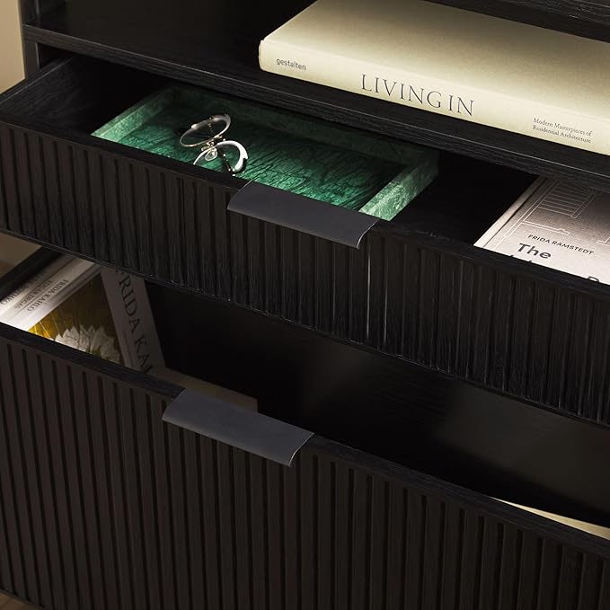 Walker Edison Modern Reeded 4-Shelf Bookshelf Bottom, 33 Inch, Two-Drawer Black