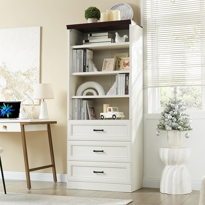 72" Tall Bookshlef with 3 Drawers, Farmhouse 4-Tier Bookcase with Adjustable Shlef, Wooden Storage Cabinet for Living Room, Kitchen, Home Office, Dining Room, White