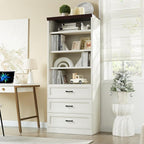 72" Tall Bookshlef with 3 Drawers, Farmhouse 4-Tier Bookcase with Adjustable Shlef, Wooden Storage Cabinet for Living Room, Kitchen, Home Office, Dining Room, White