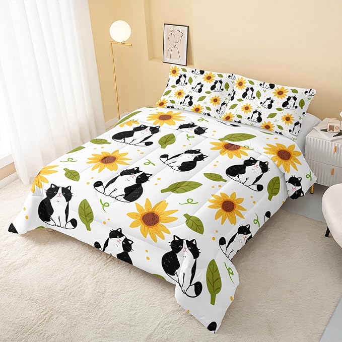 Kawaii Cat Comforter Queen Size,Sunflower Cat Comforter Set for Kids Teens Girls Boys,3Pcs Bedding Set Printed Comforter with 2 Pillowcases,Down Alternative,Soft and Lightweight，Queen Size