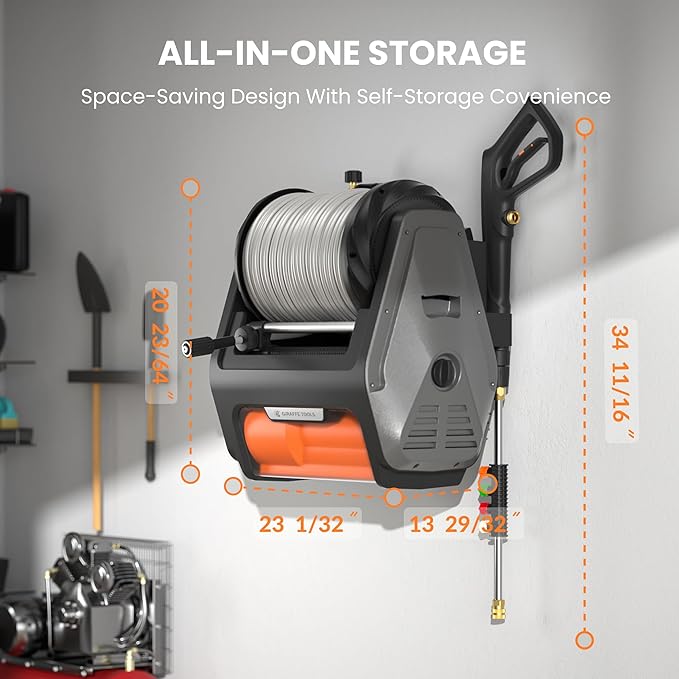 Giraffe Tools Grandfalls Pressure Washer Pro, Electric Wall Mount Power Washer with 100FT Retractable Pressure Hoses, 3700PSI, 1.6GPM, 4 Nozzles, Foam Cannon for Cars/Patios, Dark Silver