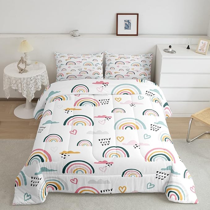 Erosebridal Rainbow Bedding Set for Kids Girls, Pink Love Heart Comforter Set Full Size Cartoon Cloud Geometric Stripes Bedding Comforter for Boys Children Women Watercolor Art Girly Duvet Sets