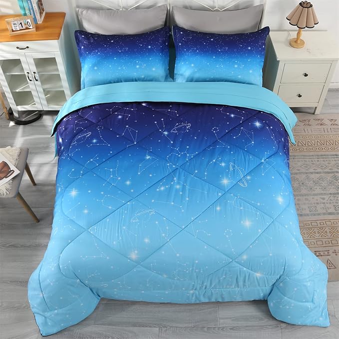 Wowelife Galaxy Comforter Set Queen 5 Pieces Glitter Bedding Set Blue 3D Stars Kids Bedding Set Bed in a Bag for Boys and Girls with Comforter, Flat Sheet, Fitted Sheet and 2 Pillowcases