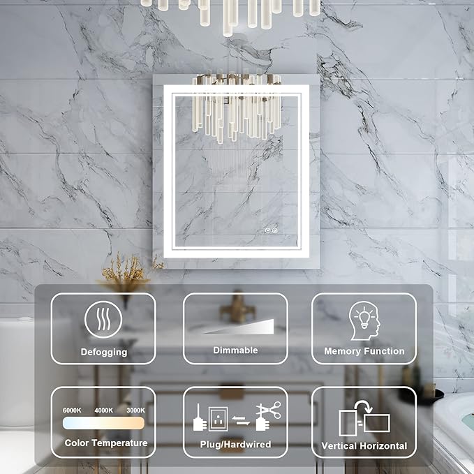 WELLFOR LED Bathroom Vanity Mirror 20 x 28 Inch, Lighted Anti-Fog Dimmable Mirror, IP44 Waterproof Wall Mounted Makeup Mirror, Packed with US Standard Plug and Touch Switch, (Horizontal/Vertical)