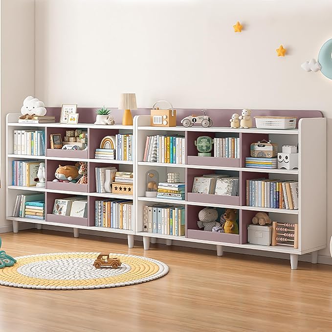 Wooden Cube Bookcase with Legs - 3-Tier Open Shelf Kidsroom Sorted Storage Cabinet Organizer for Books and Toys, 9-Cube Lattice Cute Cubby Bookshelf in White Mixed Mocha Brown, 47" W