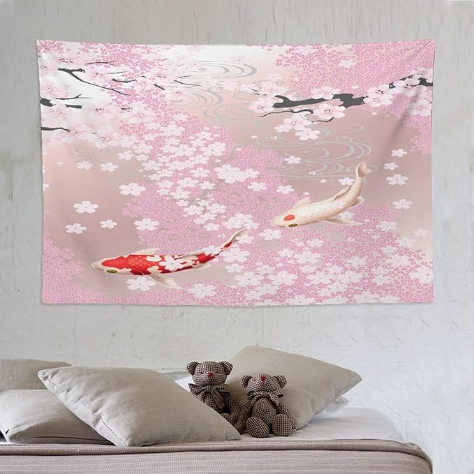 Houselerax Japanese Koi Fish Tapestry, Cherry Blossoms Asian Oriental Pink Flower Branch Koi Fish Carp Tapestries Wall Hanging for Bedroom Living Room Office Decor 90"x60"