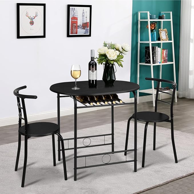 VINGLI 3 Piece Dining Set,Small Kitchen Table Set for 2,Breakfast Table Set,Kitchen Wooden Table and 2 Chairs for Small Space/Dining Room/Apartment,Metal Frame,Wine Rack,Black