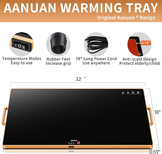 Warming Trays for Buffets Party, 32"x18", Tempered Glass Food Warmer, Black | Keep Food Warm, Gold Handles Food Warming Mat for Daily Use, With Thermostat, Button Temperature Control, Full Surface Warm