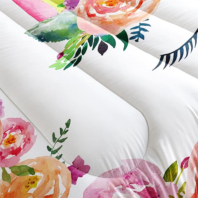 Datura home Unicorn Floral Watercolor Flower Comforter Bedding Set for Girls Teens Adults,Colorful Lovely Roses Blooms Print Design Unicorn Bedding Set(Unicorn Full)