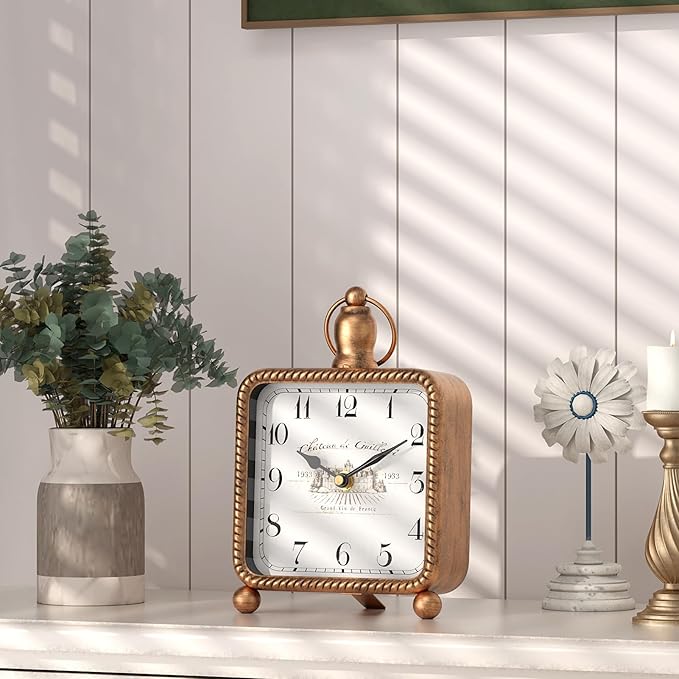 Vintage Gold Table Clock on Stand, Desk and Shelf Decor Clock, French Rustic Style Non-Ticking Mantel Clocks for Farmhouse, Living Room, Bedroom, Bedside, Gift (8.5" H x 5.5" W)