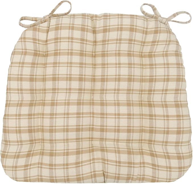 Barnett Home Decor Dining Chair Pad with Ties Montgomery Natural Beige Plaid - Size Medium 16.5 x 18 16.5 x 18 - Latex Foam Fill Cushion, Reversible, Machine Washable - Neutral Tan Tartan