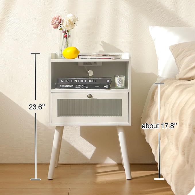AWASEN White Nightstand with Charging Station, Modern Bedside Table with Glass Decorative Drawer, Small End Side Table with 2 Tiers Storage Space, for Bedroom, Office and Small Space(White)