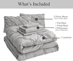LANE LINEN Bedding Comforter Set for Split King Mattress, Soft 8 Piece Split King Bed in a Bag with 1 King Comforter, 1 King Size Flat Sheet, 2 Twin XL Fitted Sheets, 2 Pillowcases & 2 Shams - Silver