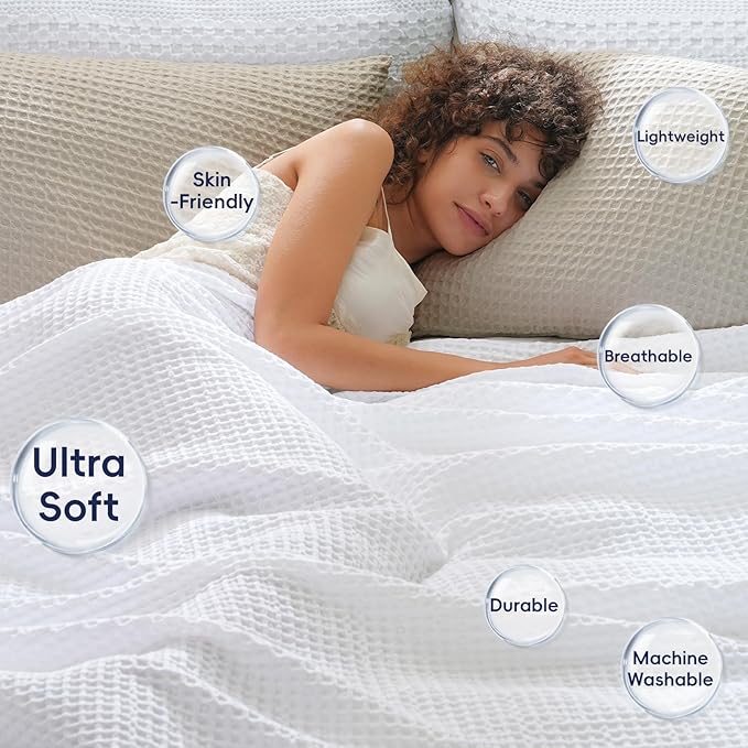 PHF Ultra Soft Waffle Weave Throw Blanket 50"x 60"- Washed Lightweight Breathable Cozy Woven Blanket for Bed - Aesthetic Decor for Couch Bedding Sofa Home Car - White