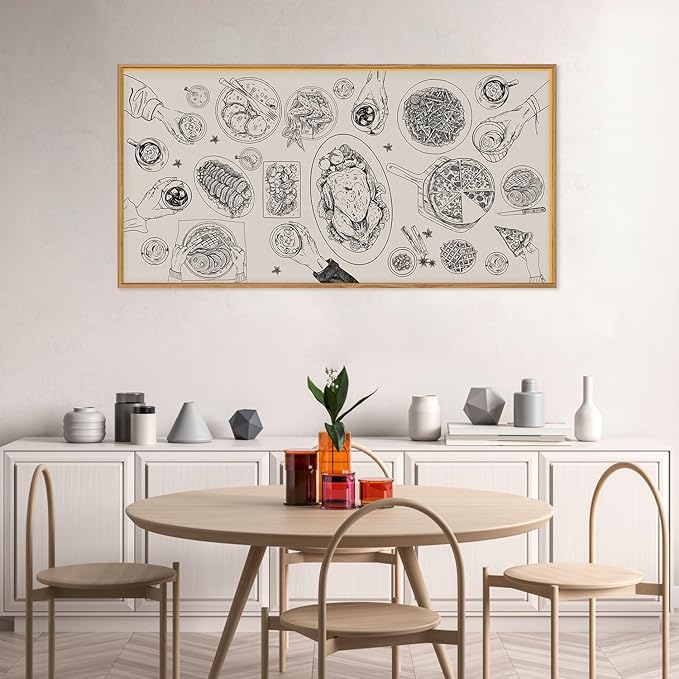 Vintage Food and Drink Framed Canvas Wall Art Set,Retro Sketch Pizza Cheers Wall Decor,Thanksgiving Dinner Turkey Artwork,Black and white Art Prints for Kitchen,Dining Room,Gatherings Decor-20"x40"