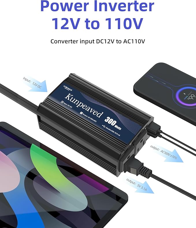 300W Power Inverter DC 12V to 110V Car Charger Converter with Dual USB Ports and 2 AC Outlets for Air Compressor Laptops, Road Trip Accessories (Black)