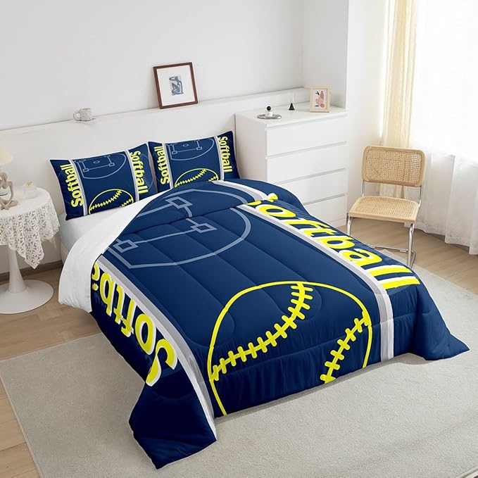 Feelyou Kids Softball Comforter Set Queen Size Sports Game Bedding Set for Boys Girls Teens Bedroom Decor Baseball Comforter Softball Gaming Theme Duvet Set with 2 Pillow Case