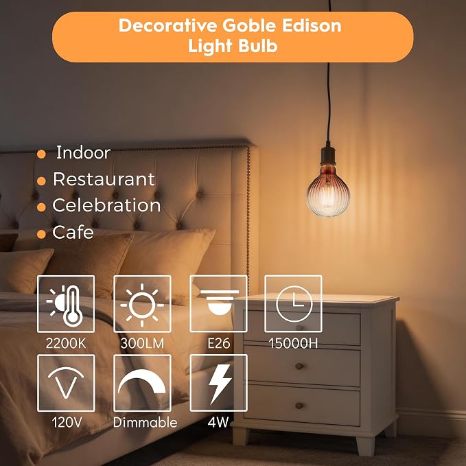 G125 Edison LED Bulb,4W Dim E26,2200K Gradient Brown Striated Glass | Large Globe Decorative Light Bulbs, Warm Ambient Glow, Dim, Match Lamps For Restaurant, Bar & Household Living Space