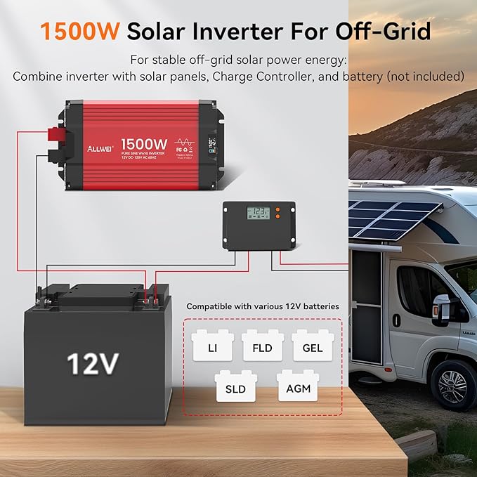 ALLWEI 1500W Pure Sine Wave Inverter 12V DC to 110V/120V AC Converter, Surge 3000W | Power Inverters Vehicles with 2 AC Outlets, RV Truck Boat Home Outdoor & Off-Grid Solar Inverter, Smart LCD Display