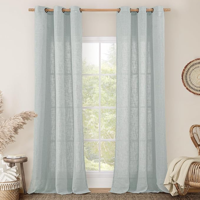 LAMIT Blue Linen Curtains 84 Inch Length for Living Room, Semi Sheer Light Filtering Drapes Bronze Grommet Boho Burlap Panels for Bedroom/Farmhouse, 2 Panels, 34 x 84 Inch, Greyish Blue
