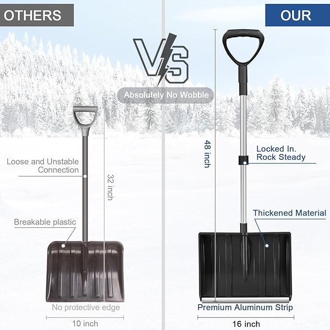 Ergonomic Large Snow Shovel for Driveway: 48-Inch Dual-Lock Knob Anti-Wobble Handle, 16" Plastic Blade w/Metal Edge, Ultra-Light 1.9 lb, Portable Aluminum Shaft, Car, Camping & Emergency, Black