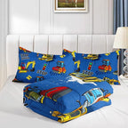 Axolotl Blue Excavator Bedding Queen,3Pcs Boys Construction Comforter Set,Cartoon Machinery Truck Bedding Set for Boys Kids Children Teens Bedroom Decor Cars Quilt Set with 1 Comforter 2 Pillowcase