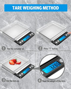 AMIR Digital Kitchen Scale, 500g/0.01g Mini Pocket Jewelry Scale, Cooking Food Scale with Backlit LCD Display, 2 Trays, 6 Units, Auto Off, Tare, PCS Function, Stainless Steel, Battery Included, Black