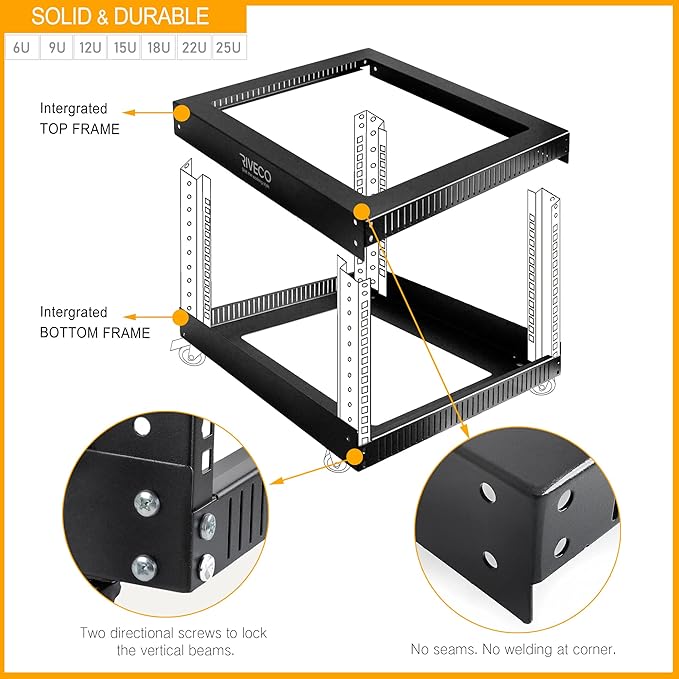 RIVECO 15U 19 Inch Open Frame Server Rack with Wheels Including 1U Rack Shelf & Power Strip Universal for 19" Network Equipment Black