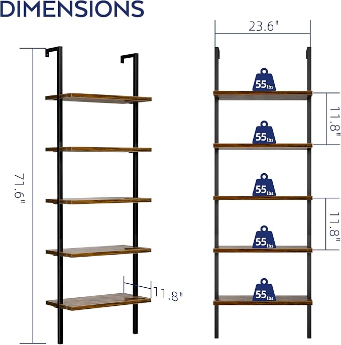 NUMENN 5 Tier Book Shelf, Industrial Ladder Shelf, Open Space Wall Mount Bookshelf with Metal Frame, Sturdy Book Shelves, Bookcase for Living Room, Home Office Shelf, Vintage Brown