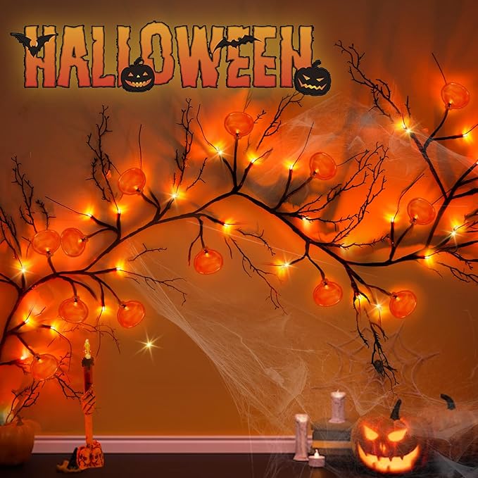 [ 8 Modes & Timer ] Halloween Willow Vine Twig Decor Garland with Pumpkins, 6 FT 54 LED Battery Operated for Indoor Halloween Decorations Home Mantle Fireplace