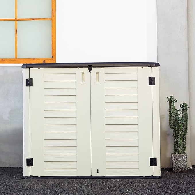 Outdoor Patio Storage Shed,Waterproof Horizontal Outdoor Storage Cabinet for Garbage Cans,Tools and Lawnmower Lockable(34 Cu.ft-Warm-White)