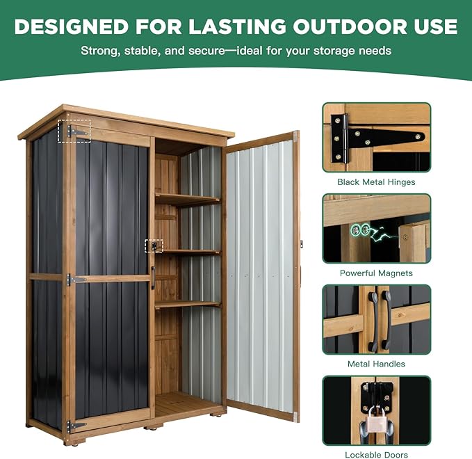 Outdoor Storage Cabinet, Wood & Metal Storage Shed with Weather-Resistant Roof, Double Lockable Doors, Removable Shelves & Adjustable Feet, for Patio, Backyard, Poolside, 46" x 18" x 68"