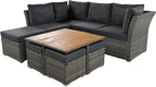 9-Pieces Outdoor Rattan Sectional Sofa Set, Wicker Patio Conversation Furniture with L-shape Couch&Storage Ottomans, Acacia Wood Coffee Table, for Garden Yard, Grey Wicker&Grey Cushion