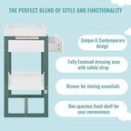 Arlo Changing Table in Jungle Green, Made of Solid New Zealand Pinewood, Non-Toxic Finish, Comes with Water Resistant Mattress Pad & Safety Strap