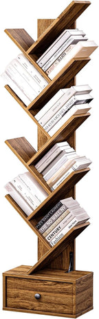 Pipishell Bookshelf with Drawer, 8-Tier Vertical Tree Bookshelf, Modern Bookcase, Modern Book Storage, Book Shelf Organizer for Living Room, Bedroom, Home Office, Rustic Brown, PIBS03WN