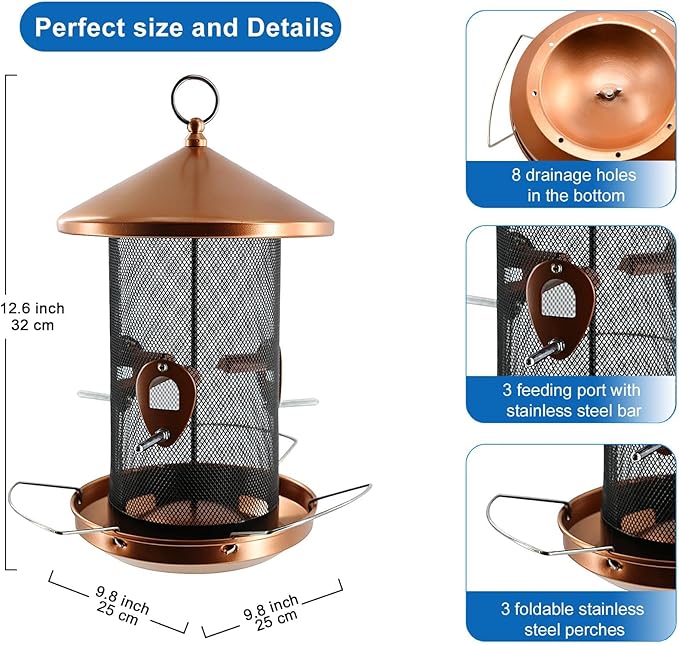 Large Bird Feeders for Outside: 12.6inch Metal for Outdoors Hanging with Copper for Garden Yard Outside Decor Cardinal Finch - Gardening Gifts for Women Men