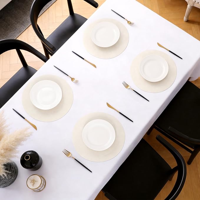 MOSAYT 13 Inch Round Vinyl Placemats Set of 8 - Faux Leather 100% Waterproof Oil-Proof Wipeable PU Place Mats, Heat Resistant Reversible Table Mats for Kitchen, Dining, Outdoor, Beige