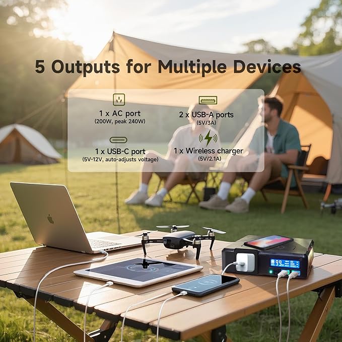ALLPOWERS 200W Portable Power Station (Peak 240W), 154Wh Outdoor Solar Generator with Wireless Charging, 5 Outputs, 1.5 Hour Fast Charging, for Camping, Emergency, RVs, Home