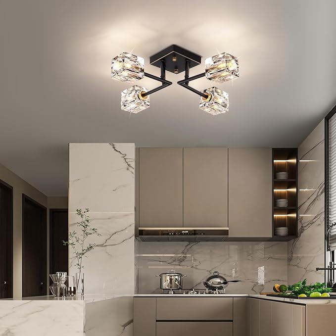 Modern Crystal Ceiling Light,Semi Flush Mount Ceiling Light Fixture with 4-Lights,Black and Gold Sputnik Chandeliers for Bedroom,Dining Room,Farmhouse Kitchen,Office,Entryway Hallway